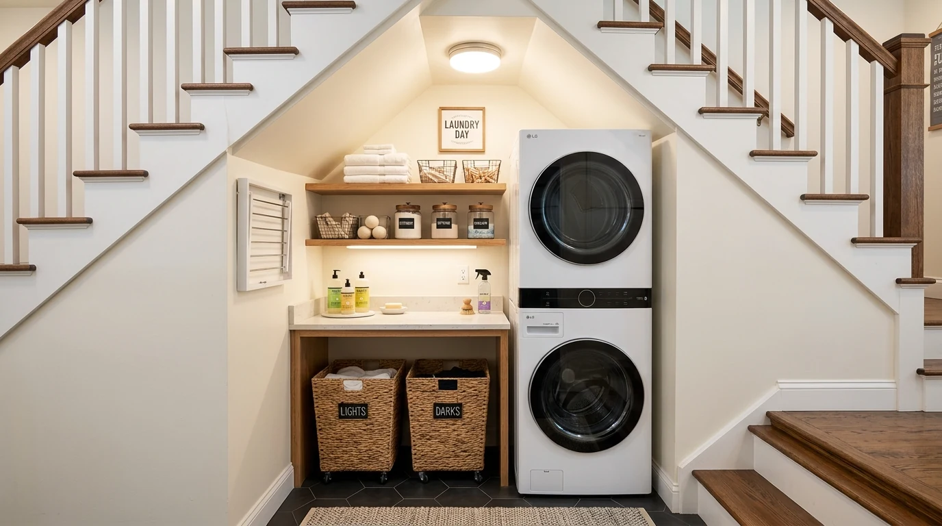 Hidden utility area under the stairs with compact laundry and storage.