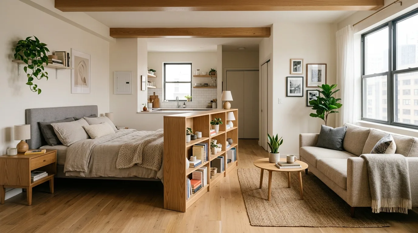 Stylish studio apartment with defined living and sleeping zones and smart small-space layout ideas.