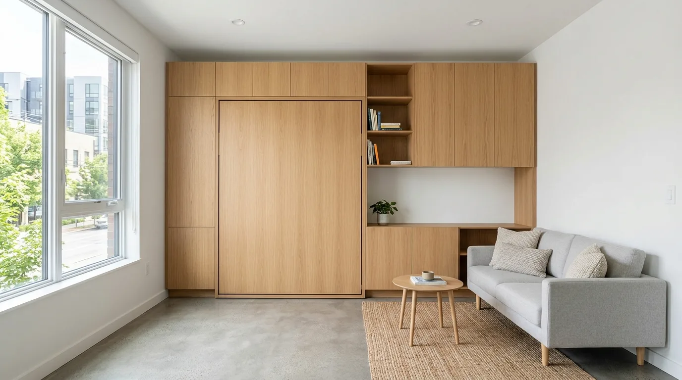 Stylish studio apartment using a floating sofa to divide zones.