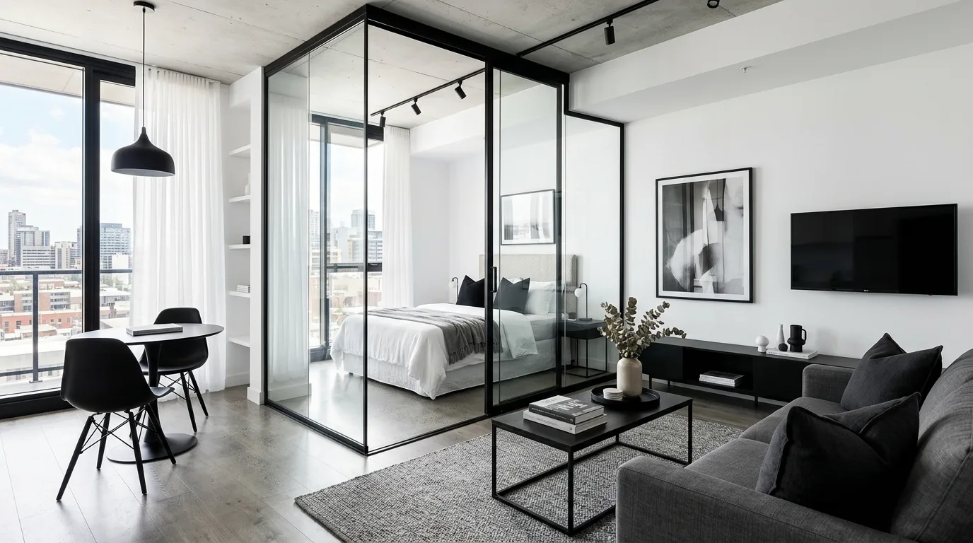 Studio apartment bed nook separated with a soft curtain divider.