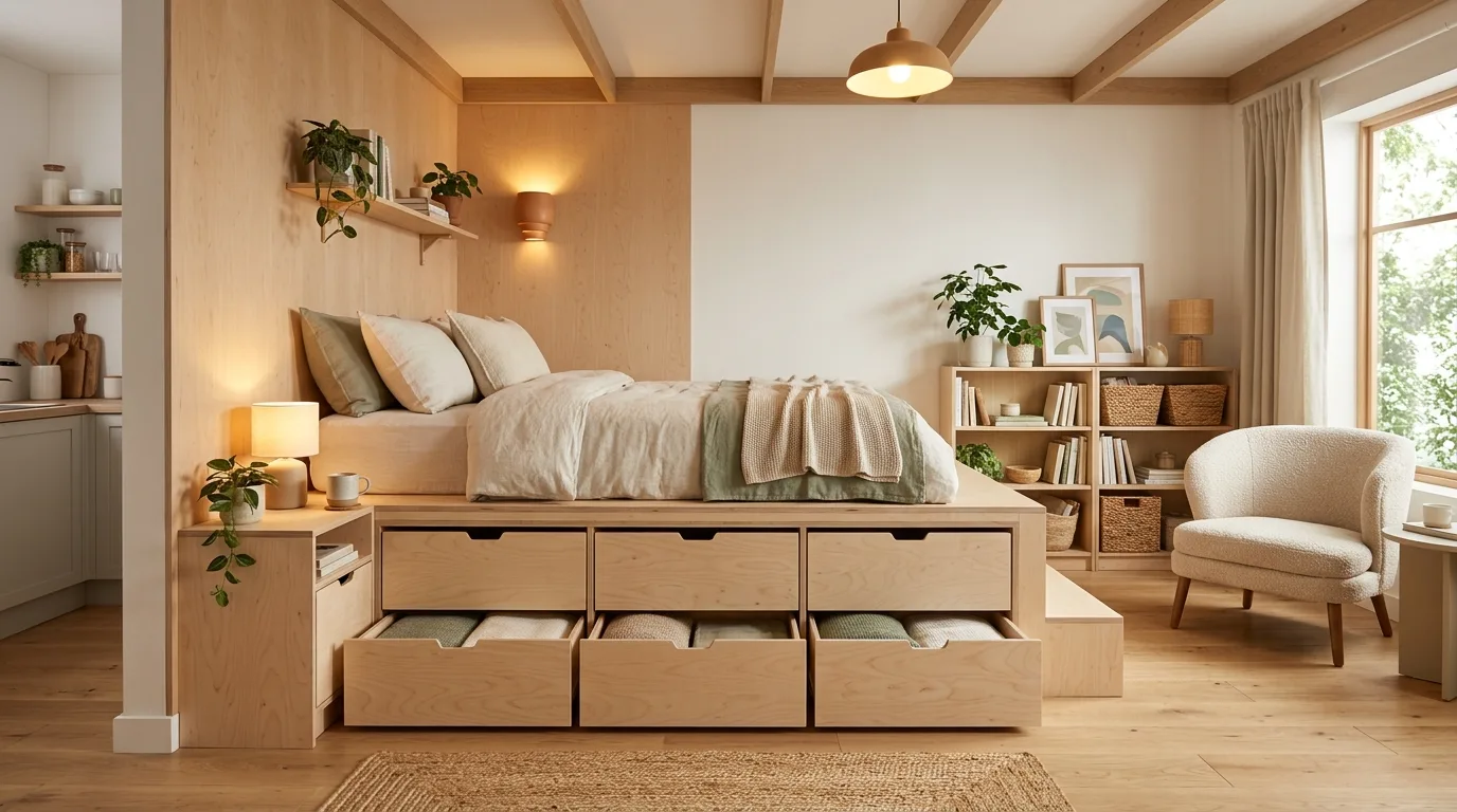 Studio layout using one table as both dining area and workspace.