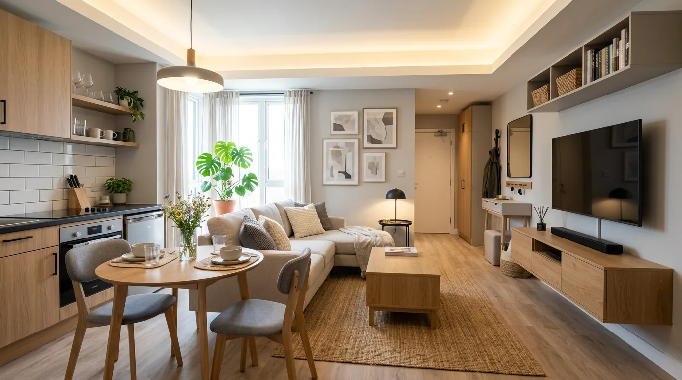 Small studio apartment with tall vertical shelving for stylish storage.