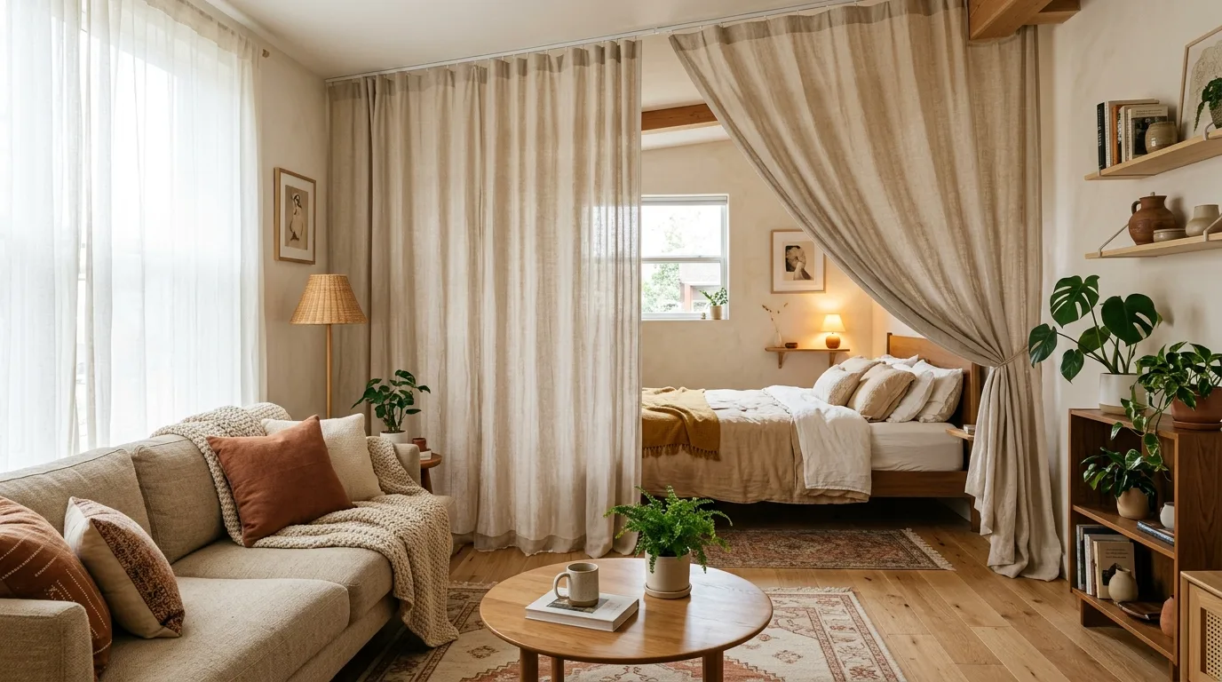 Airy studio apartment layout using open furniture to preserve light and space.