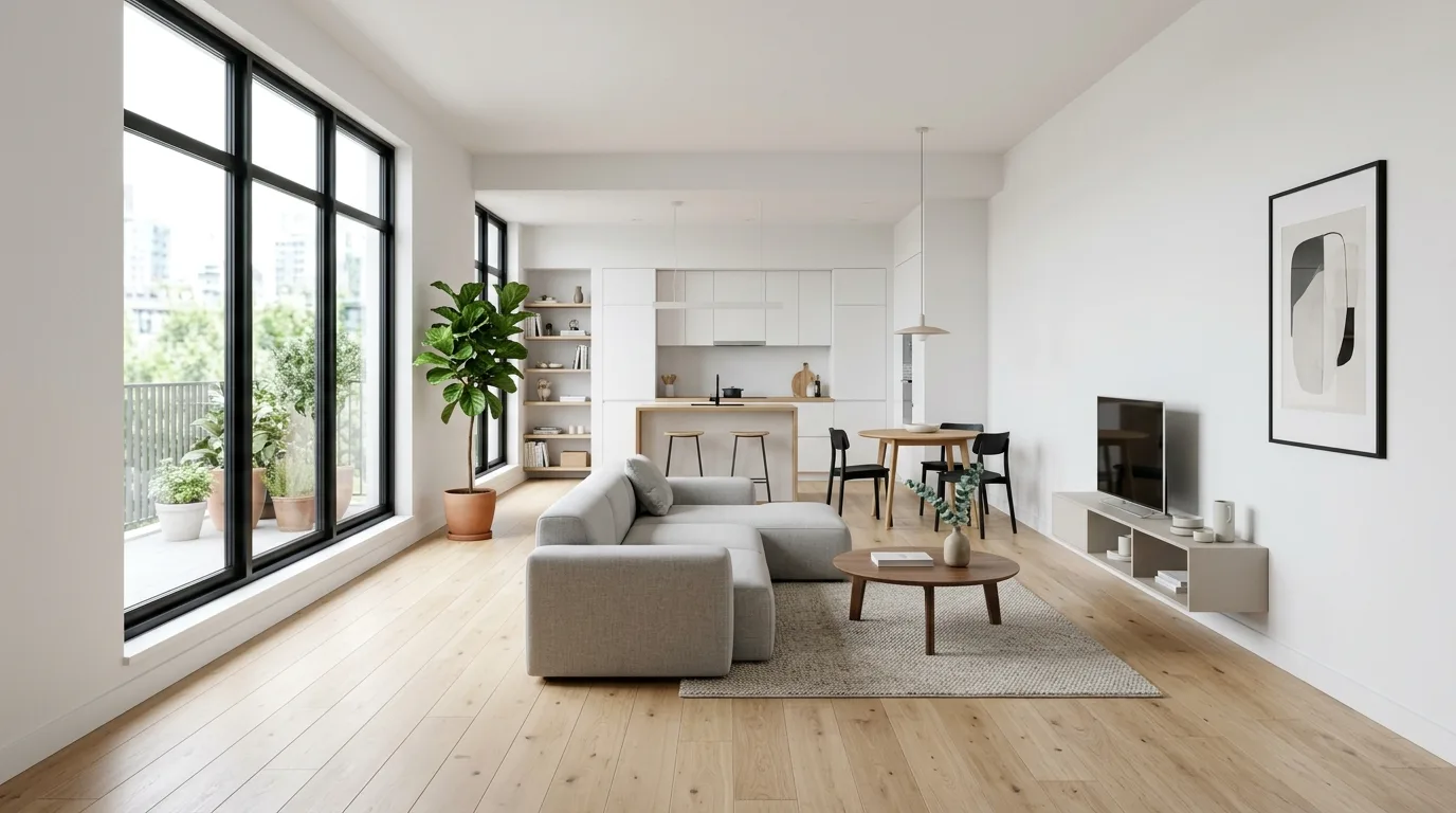 Studio apartment with a console table behind the sofa for zoning and storage.