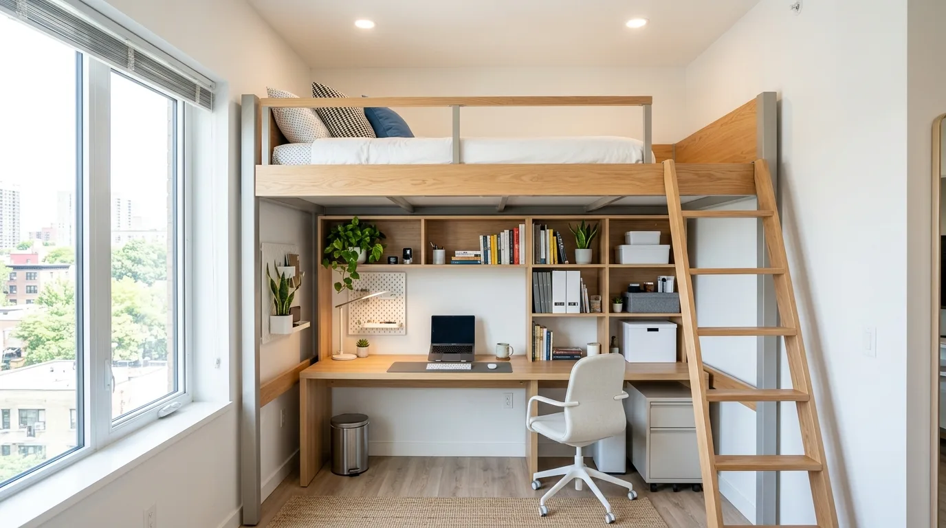 Studio apartment bed placed strategically along a quiet wall for better flow.