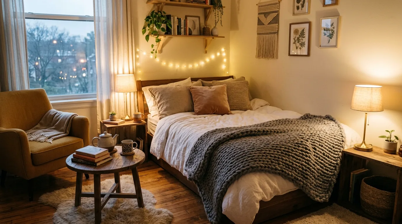 Stylish studio apartment using mirrors to visually expand the space.