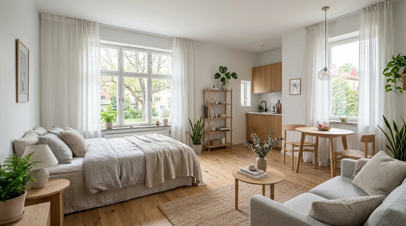 Studio apartment bed with under-bed storage maximizing small-space living.