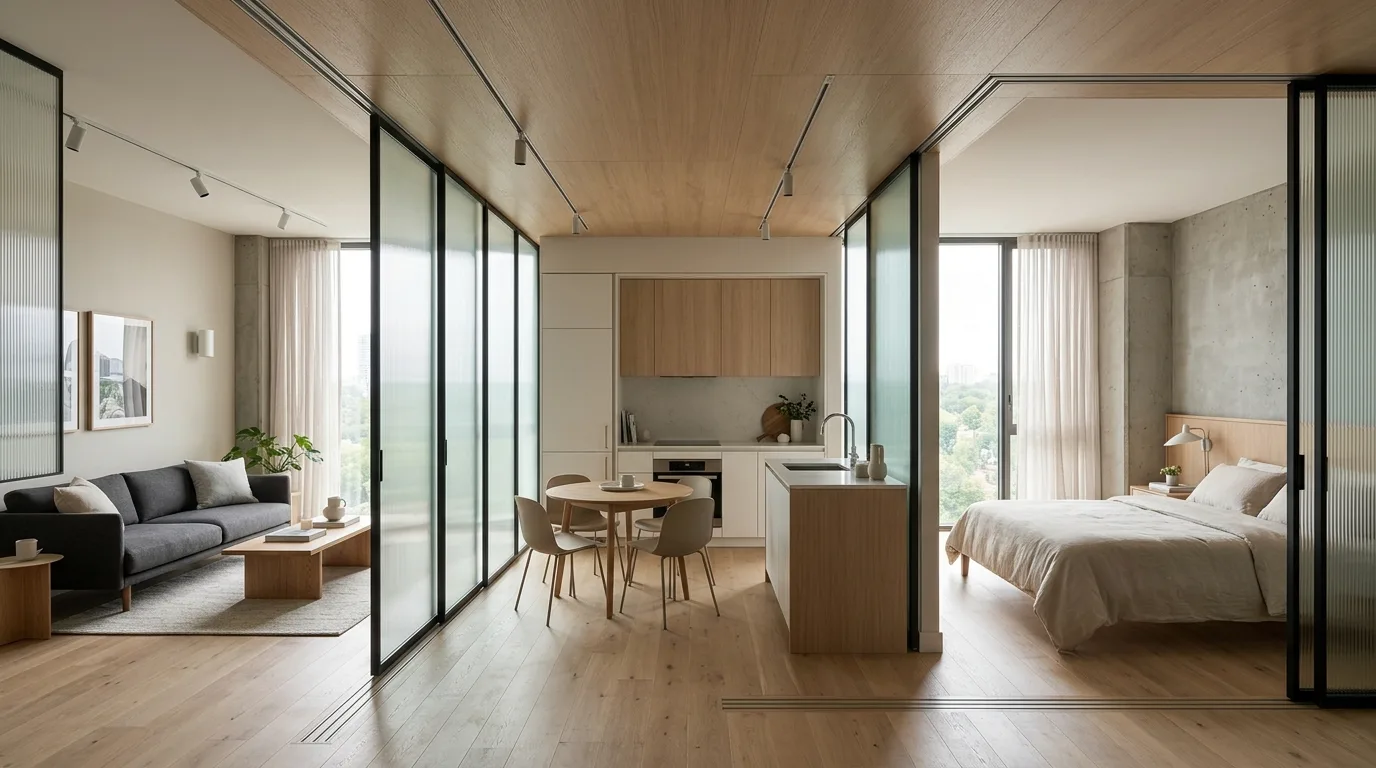 Compact studio apartment entryway with a small organized drop zone.