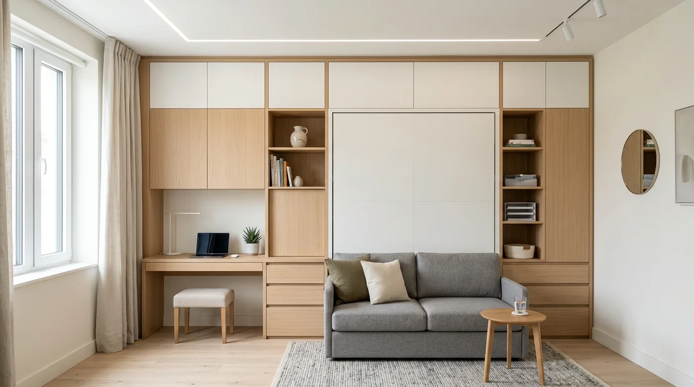 Studio apartment with a consistent color palette across living and sleeping zones.