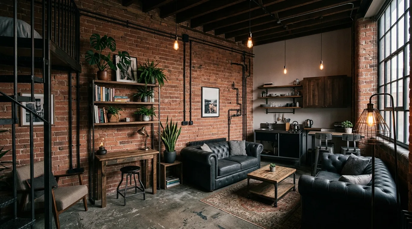 Studio apartment layout with layered lighting creating separate functional zones.