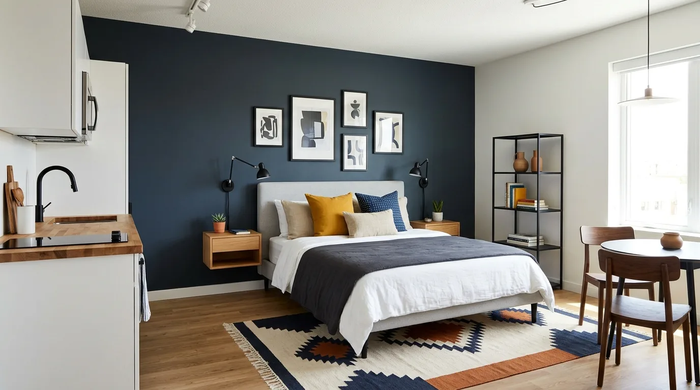 Studio apartment with one strong focal wall anchoring the stylish small-space layout.