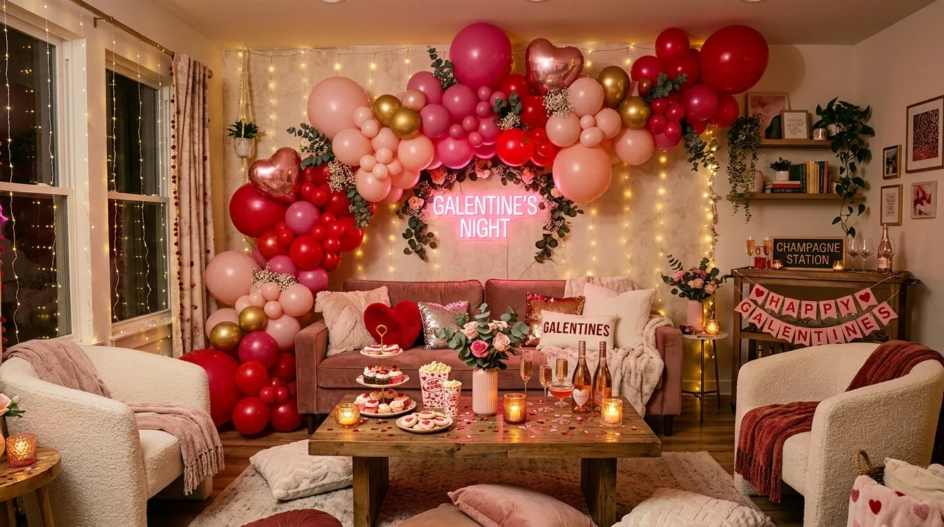 Girly Galentines party setup with pink decor, desserts, candles, and playful details.