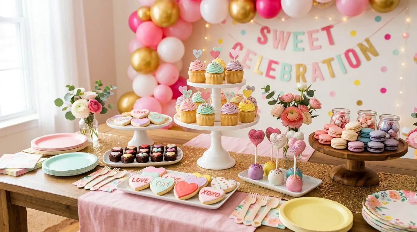 Valentines Galentines drink station decorated with bows and pink accents.