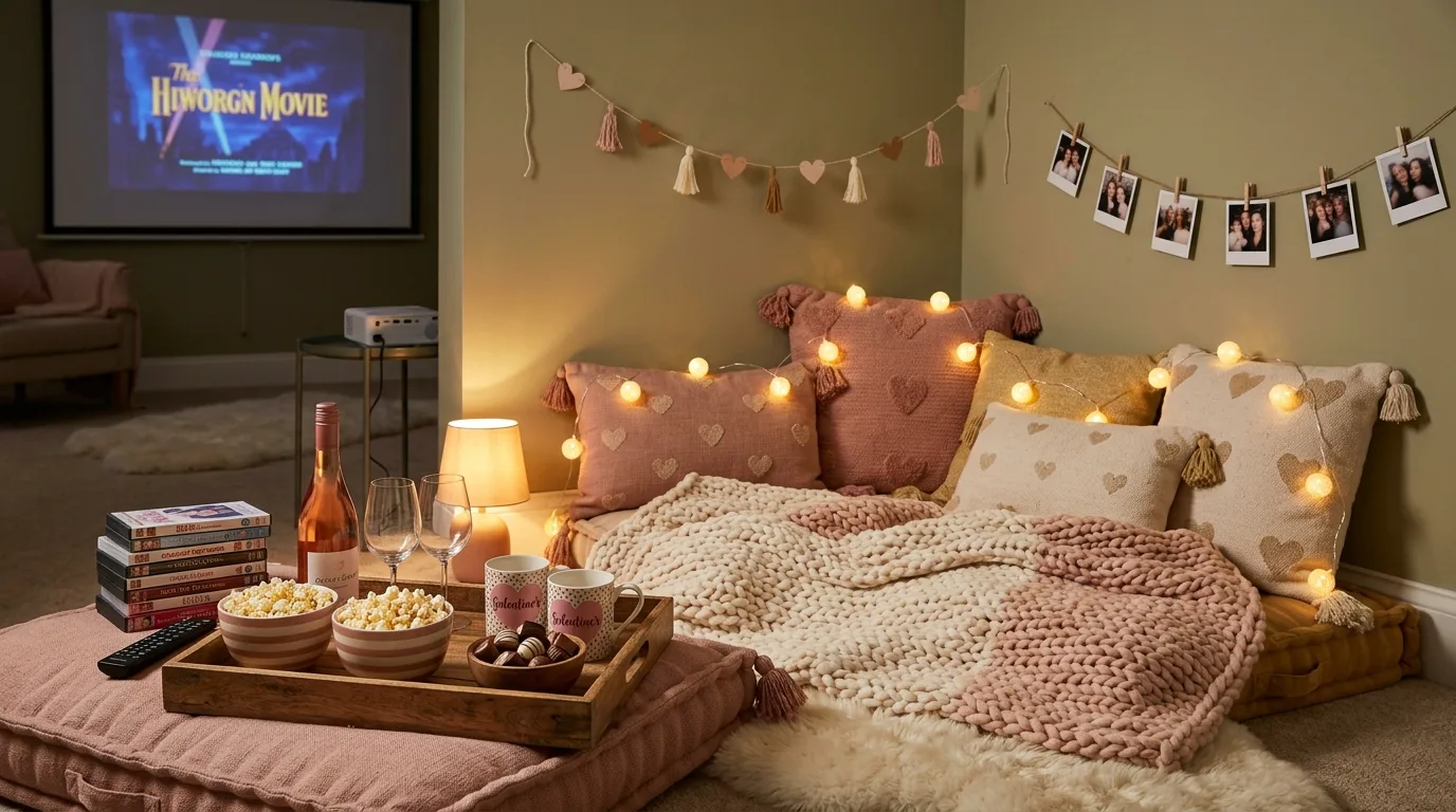 Galentines dessert table with layered sweets and romantic party decor.