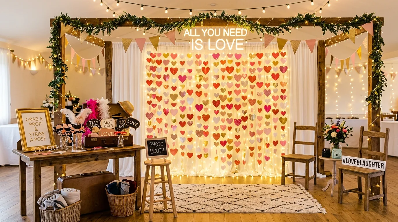 Cozy Galentines lounge area with pillows, blankets, and soft lighting.