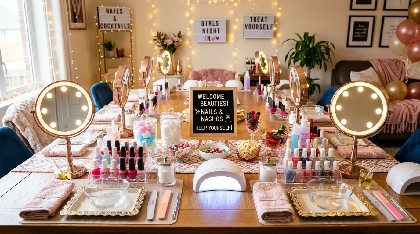 Galentines party photo corner with sign, drape, and themed styling.