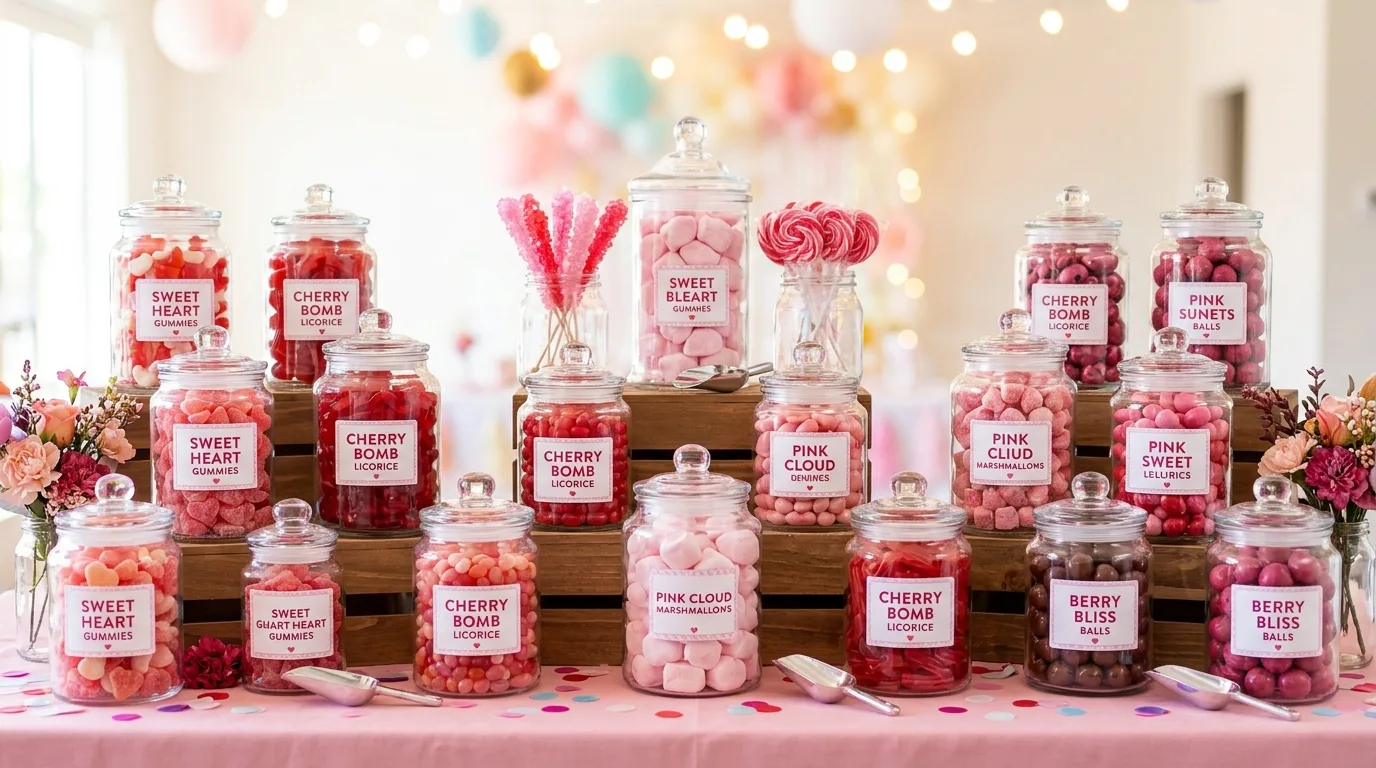 Galentines charcuterie board styled with fruit, sweets, and pink accents.