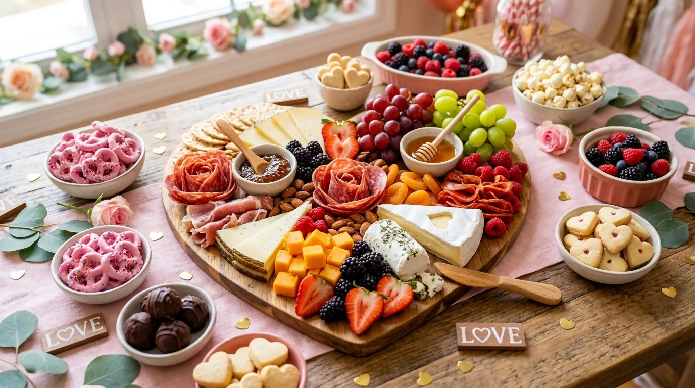 Galentines party table with coordinated cups, napkins, and tableware.