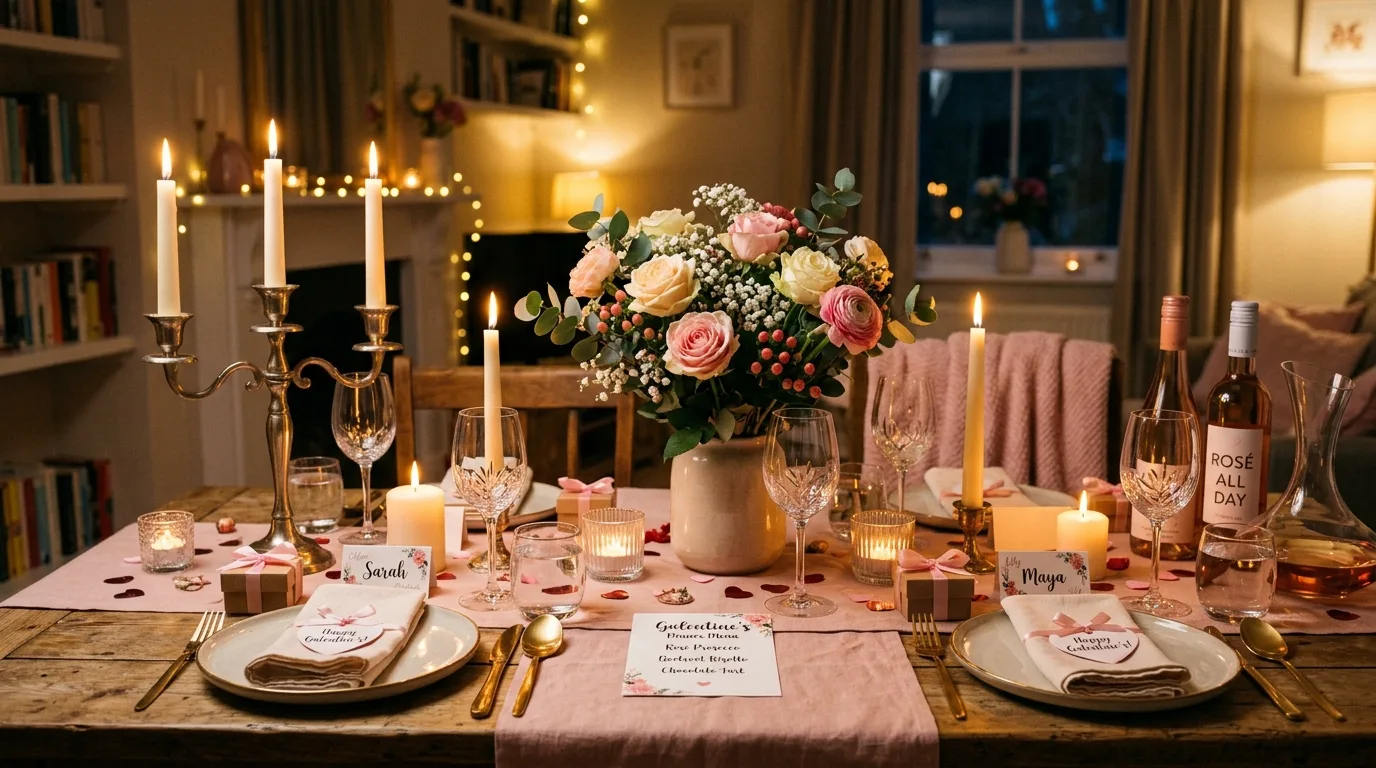 Galentines party favors arranged in a pretty table display.