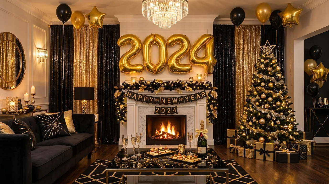 Glam New Year party decor with metallic balloons, mirrored accents, candles, and sparkling details.