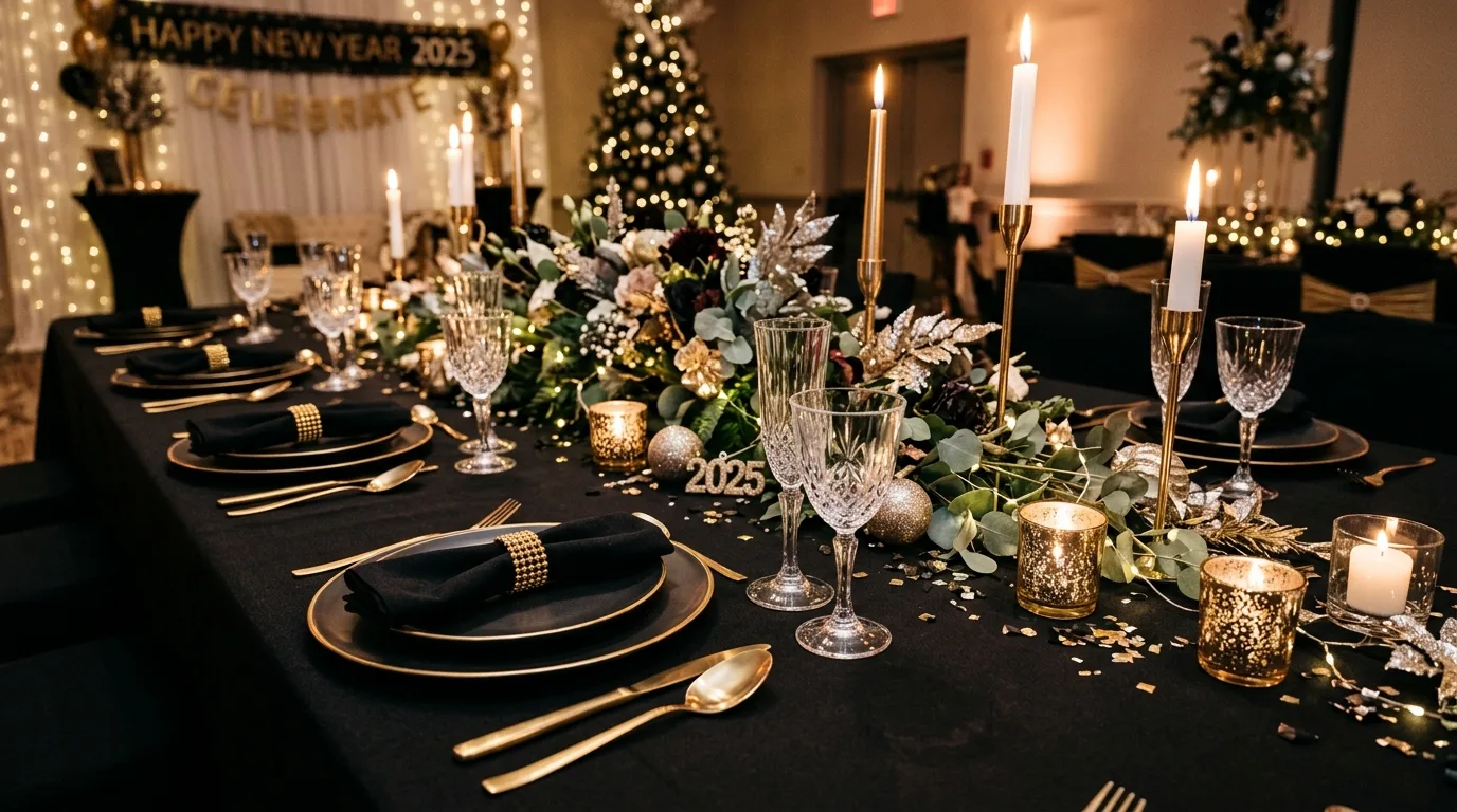 New Year decor with metallic balloon cluster in a glam color palette.