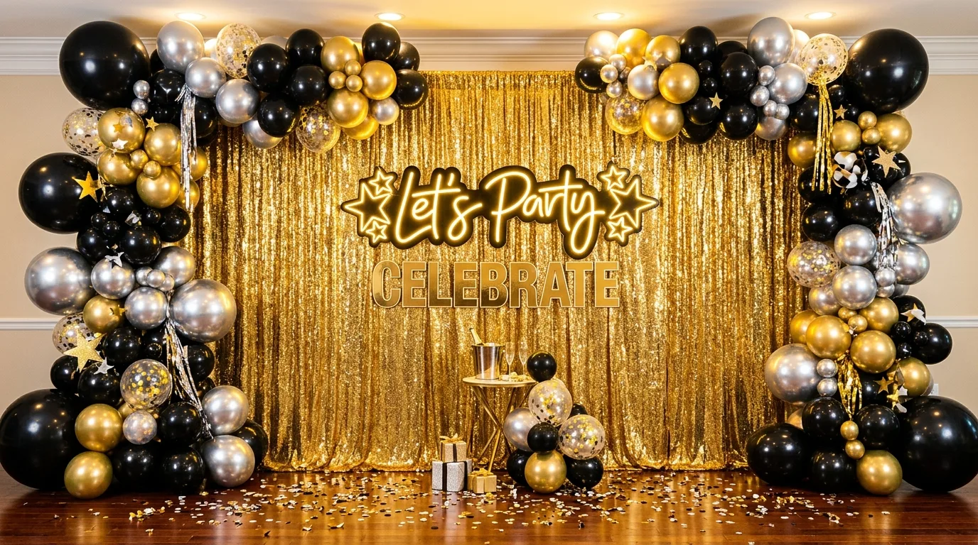 Glam New Year styling with mirrored trays and reflective accents.