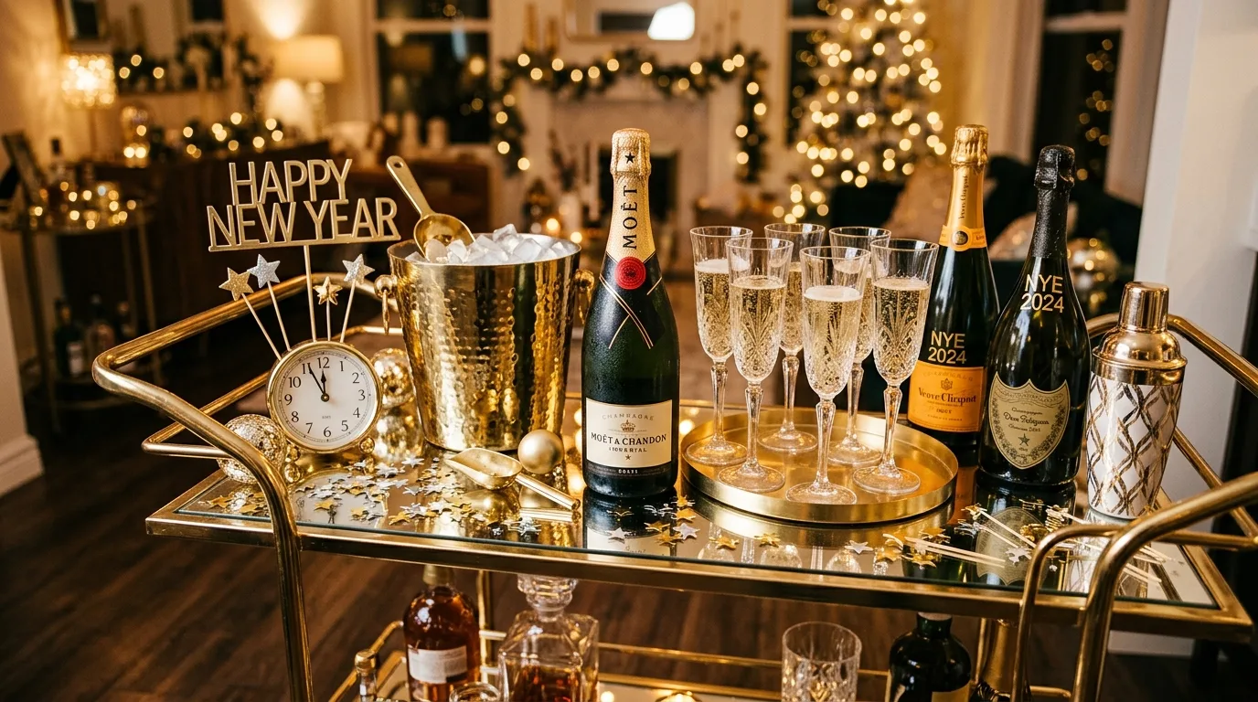 New Year bar cart styled with champagne glasses and glamorous accents.