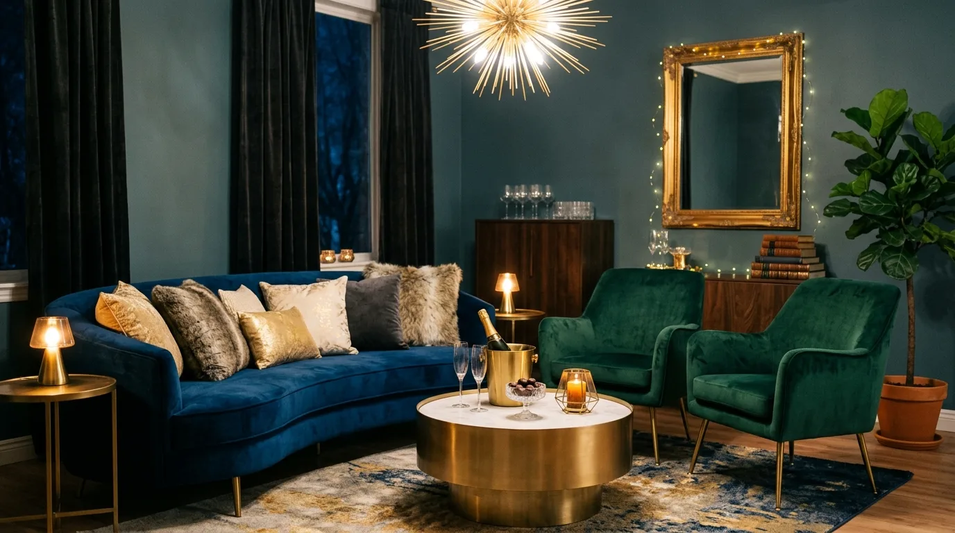 New Year table decorated with candlelight and a glamorous evening mood.