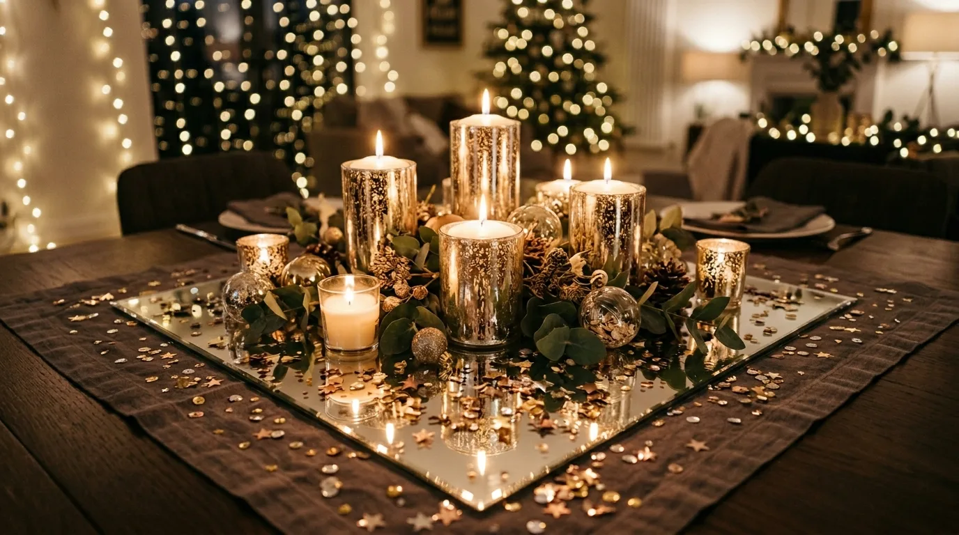Glam New Year table with a metallic runner and sparkling details.