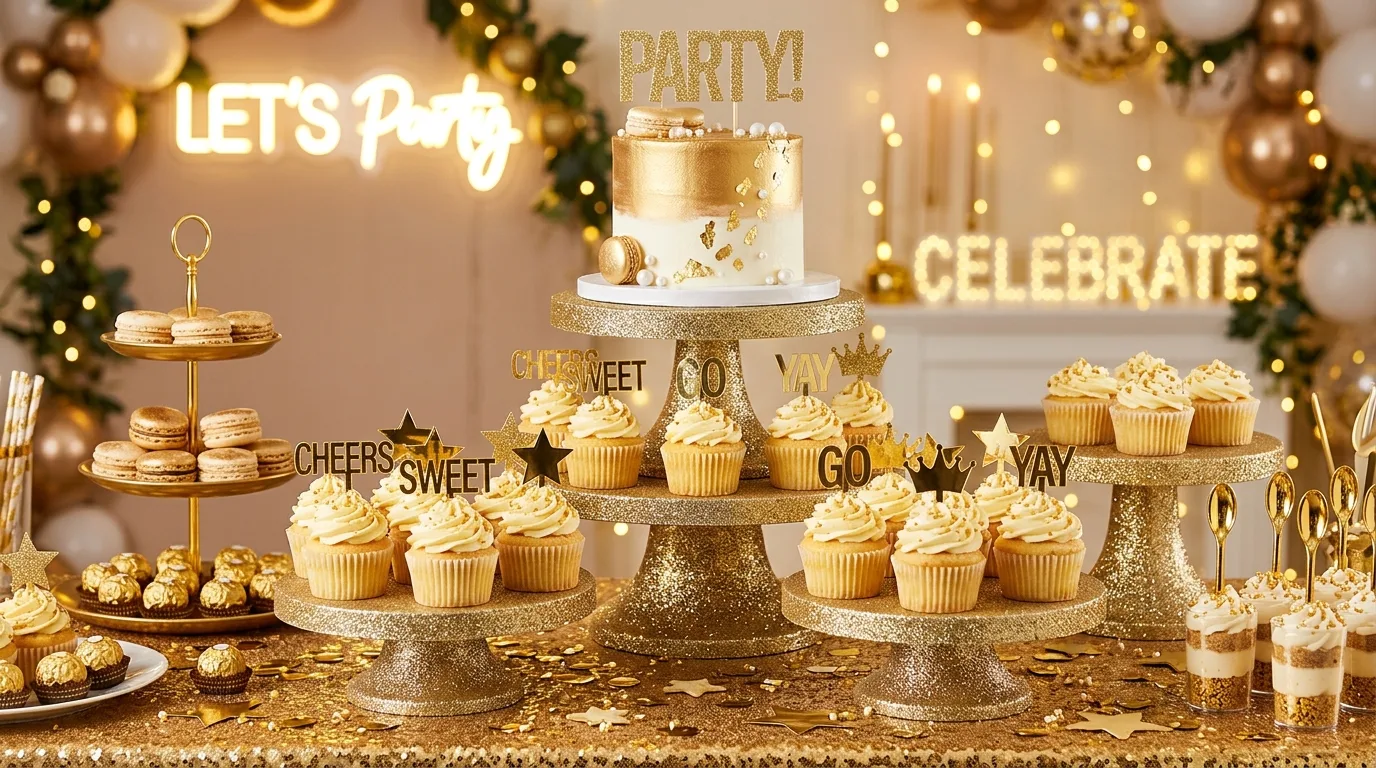 Glam New Year centerpiece with metallic and sparkling decorative elements.