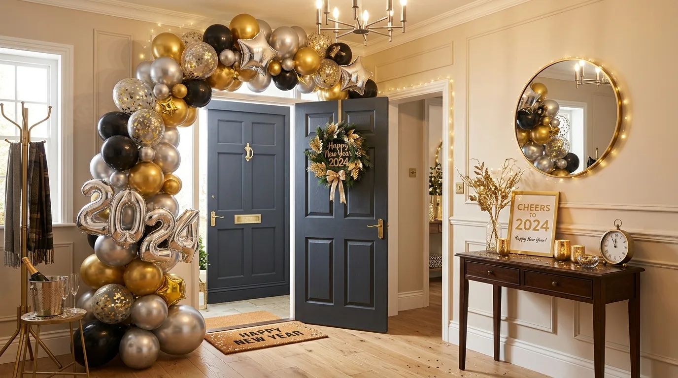 New Year doorway decorated with lights and glamorous metallic details.