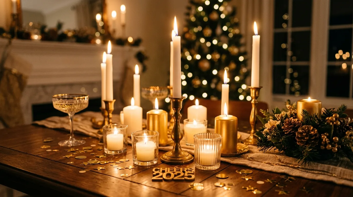New Year decor mixing gold and silver accents in a polished way.