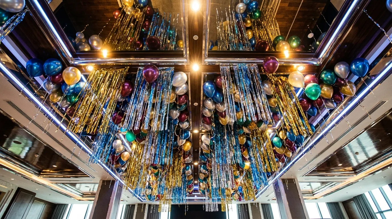 Sparkling New Year celebration decor with an edited glamorous midnight mood.