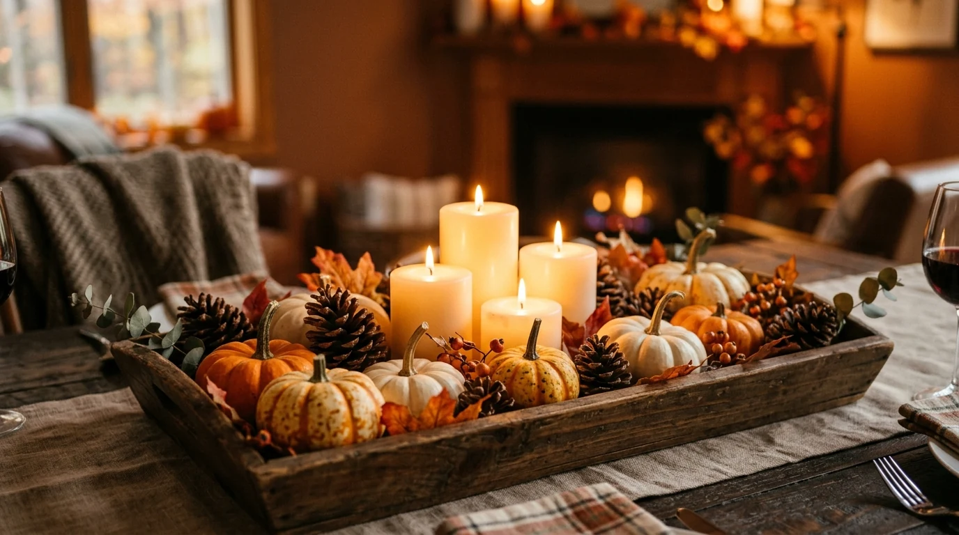 Gorgeous fall centerpiece styling on an autumn harvest dining table.