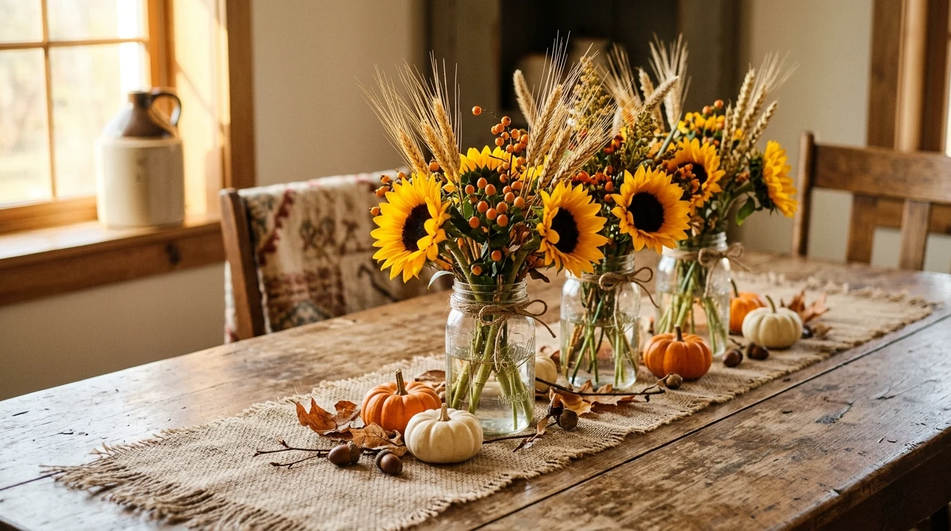 Autumn centerpiece arranged on a wooden tray with layered seasonal decor.