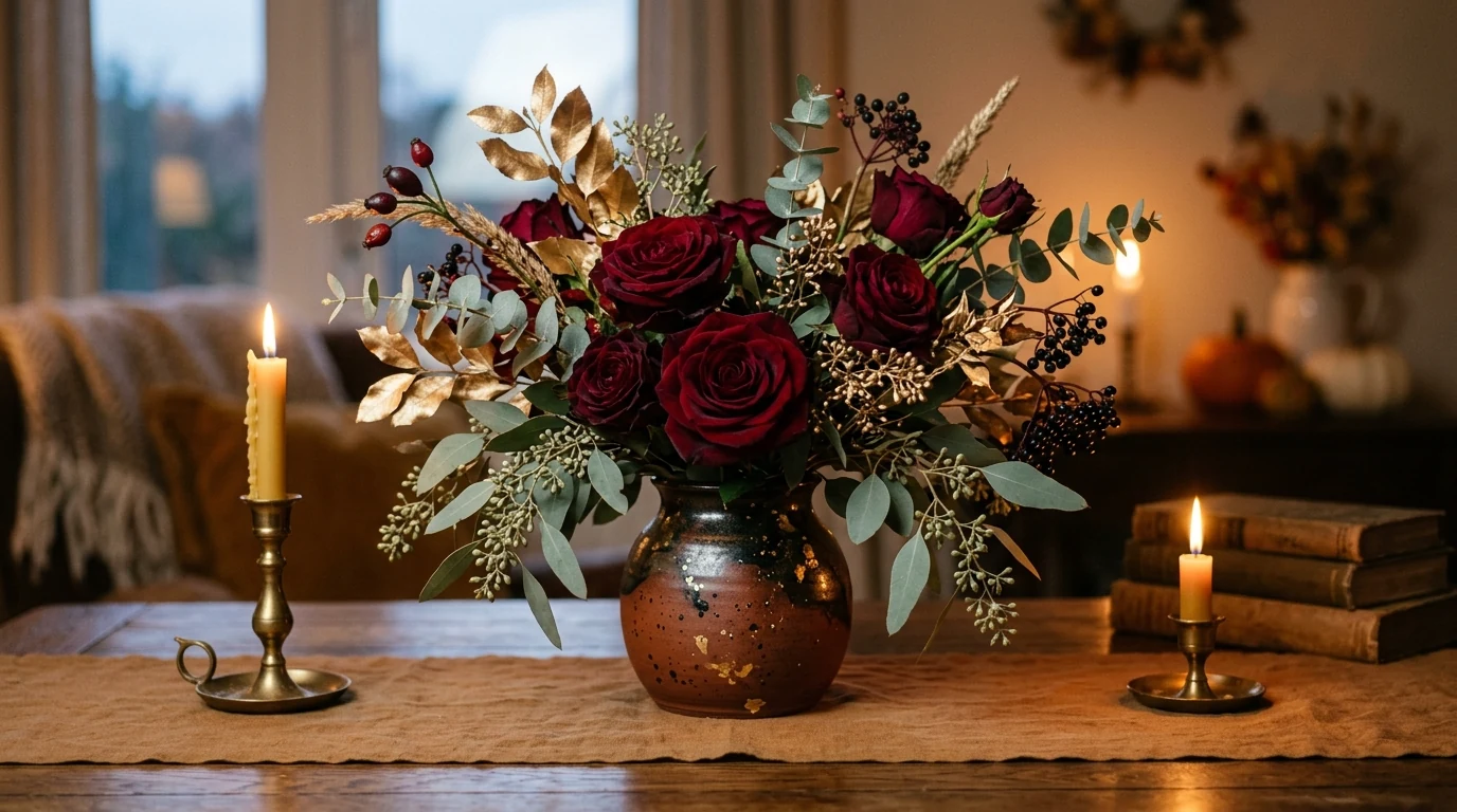 Neutral fall centerpiece with white gourds and soft autumn styling.