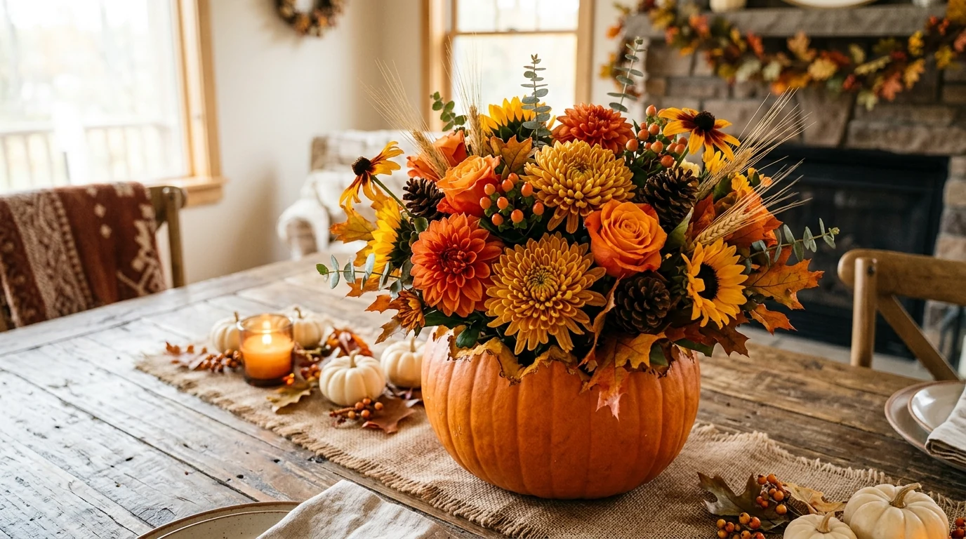Fall table centerpiece with wheat stems arranged in ceramic vases.