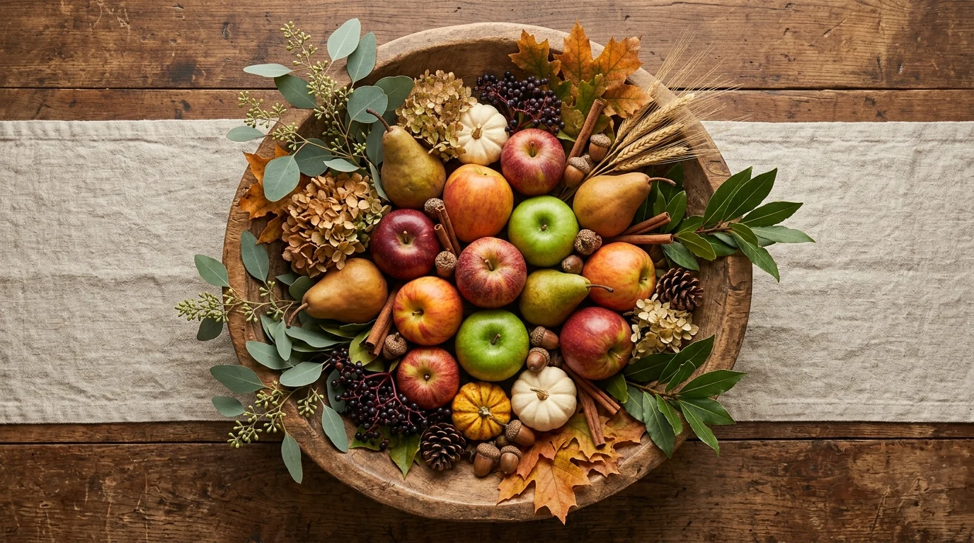Fall centerpiece using candles layered with seasonal greenery.