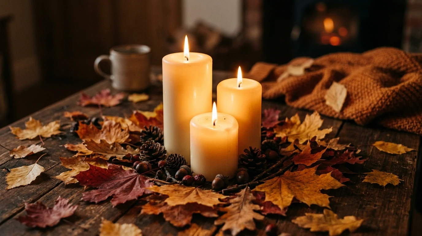 Harvest centerpiece styled in a compote bowl with autumn textures.