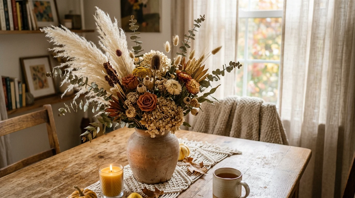 Fall centerpiece with dried orange slices and cinnamon details.