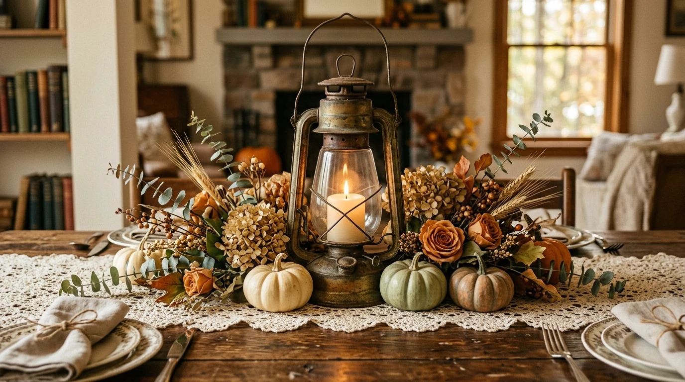 Low autumn centerpiece runner with leaves and gourds across the table.