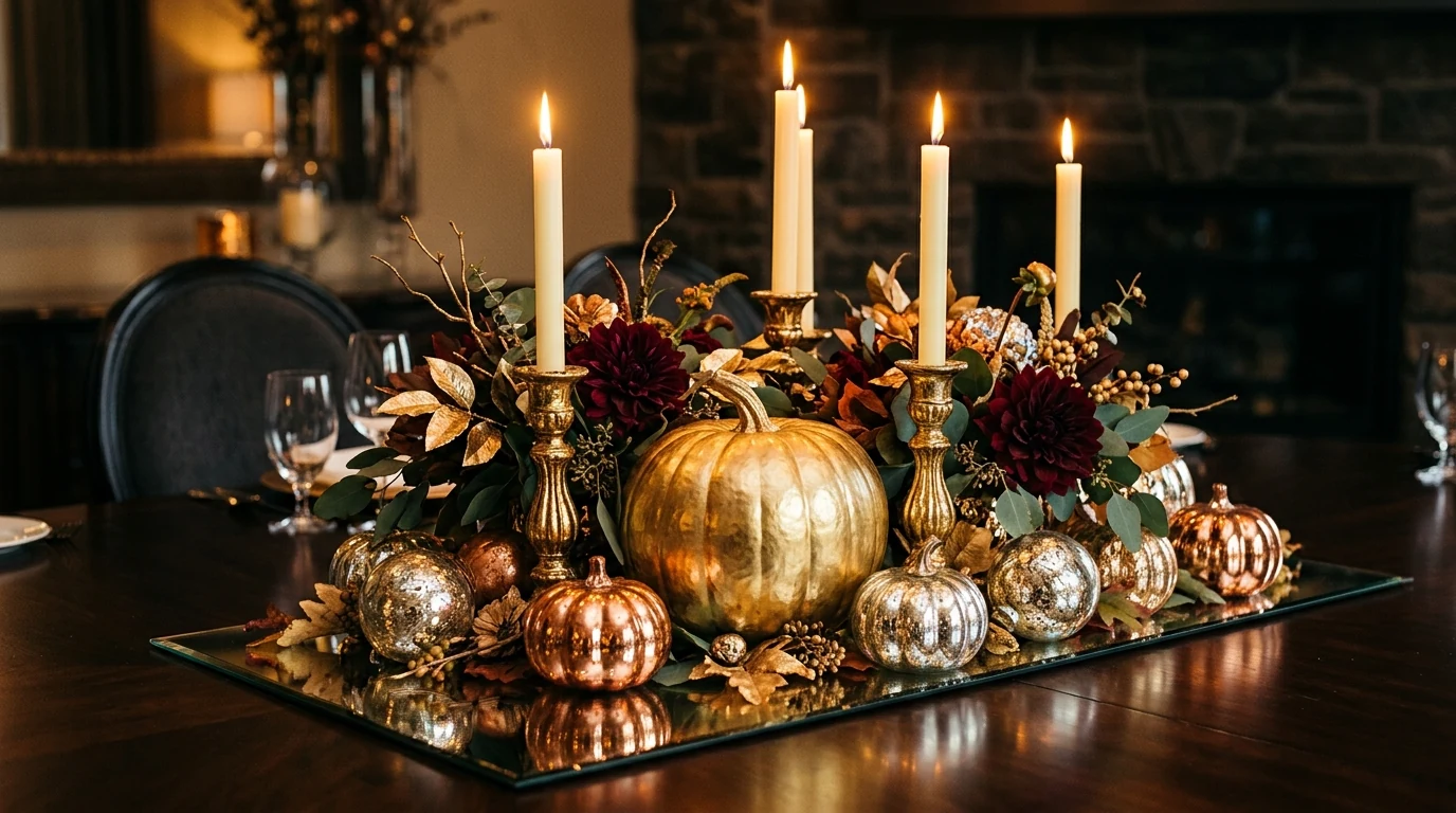Elegant fall centerpiece combining brass accents with pumpkins and foliage.