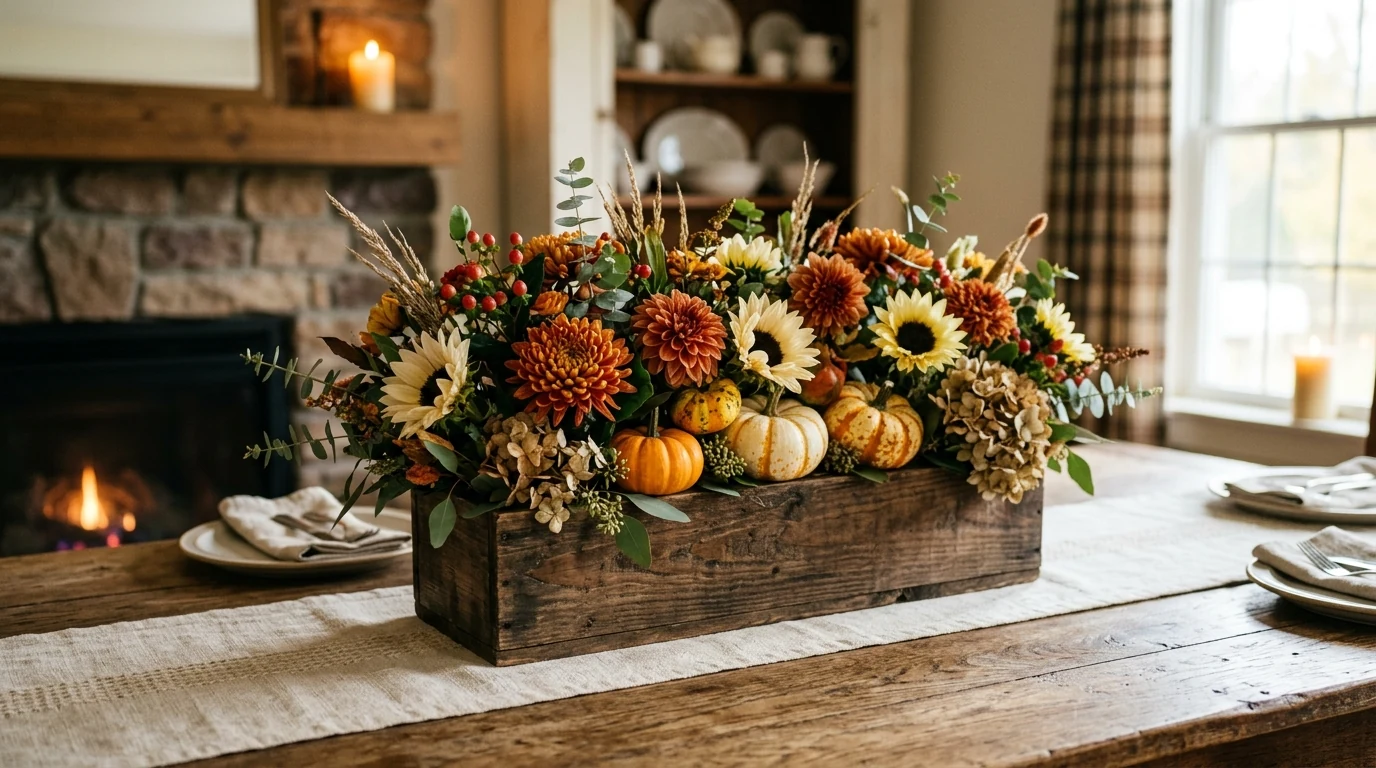 Moody fall centerpiece with black and copper accents on a harvest table.