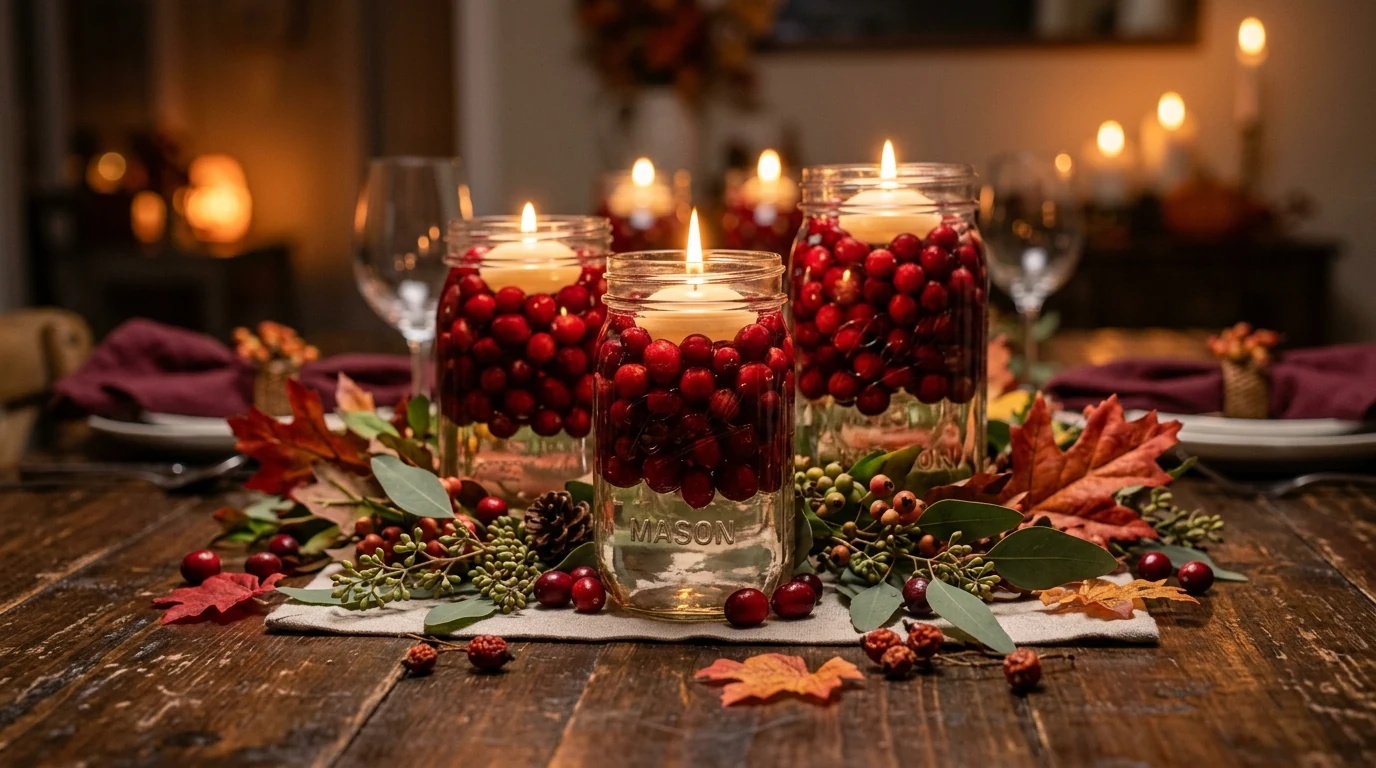 Rustic fall centerpiece in a basket with natural seasonal decor.