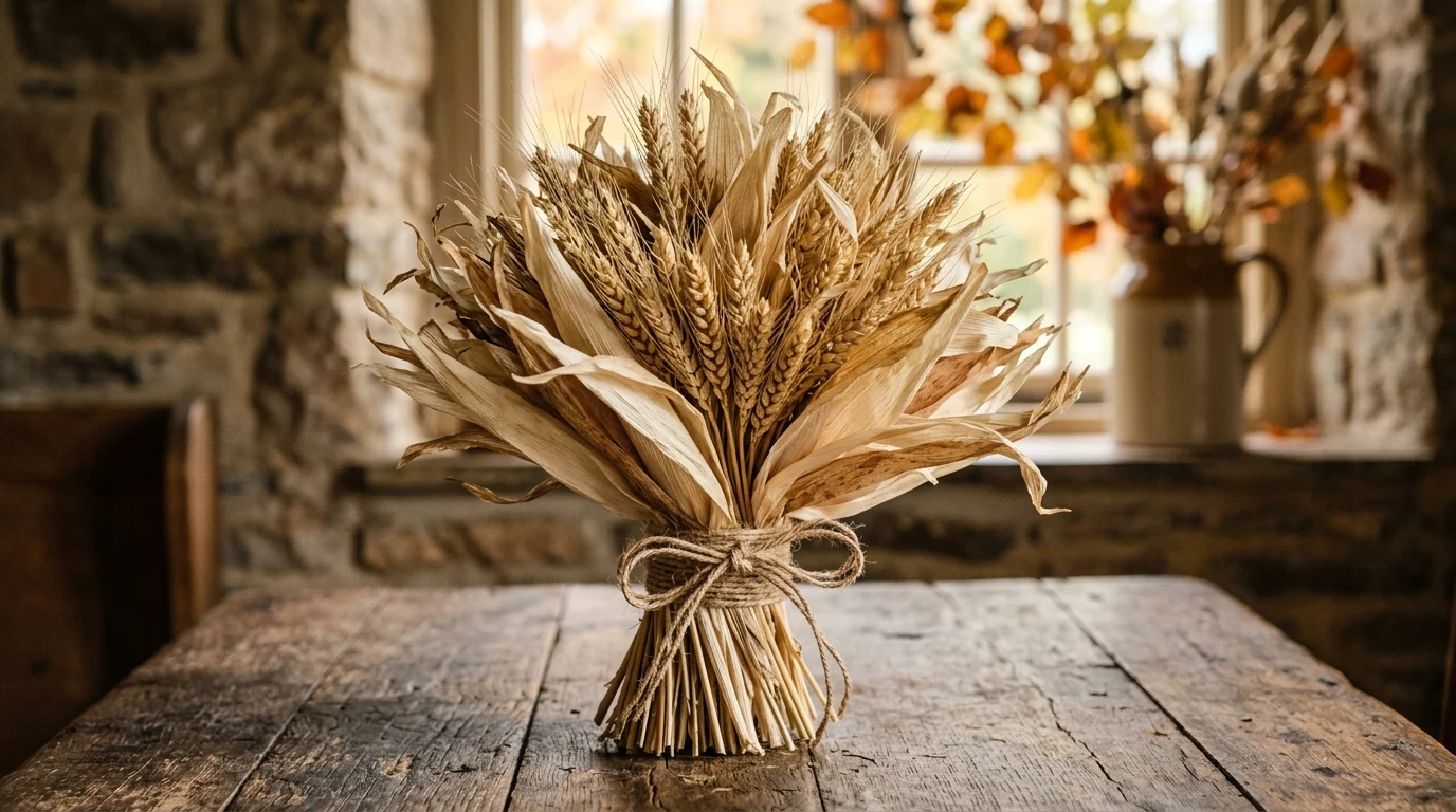 Autumn harvest centerpiece with apples, leaves, and candlelight.