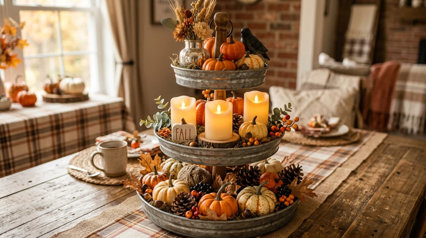 Minimal fall centerpiece with a single vessel of seasonal stems.