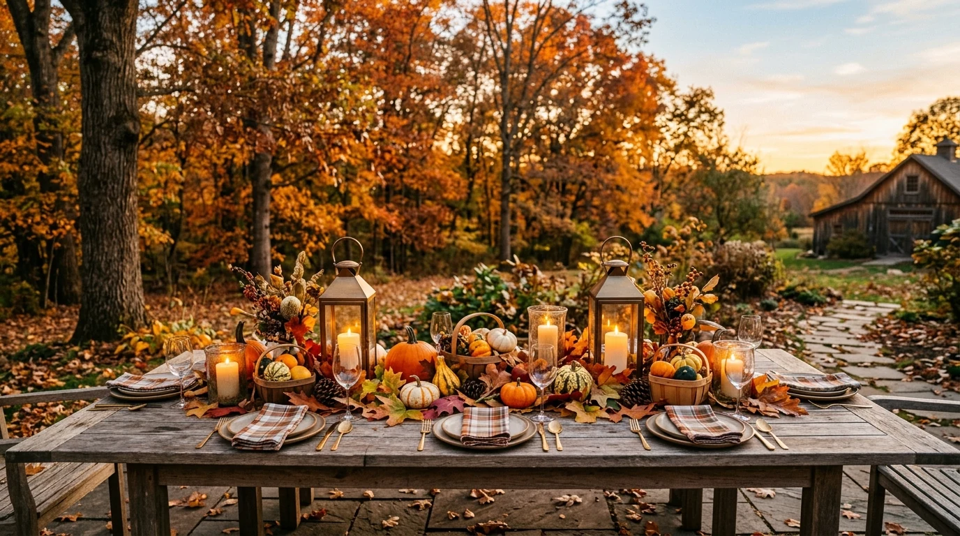 Layered fall centerpiece with mixed heights for a styled autumn harvest table.