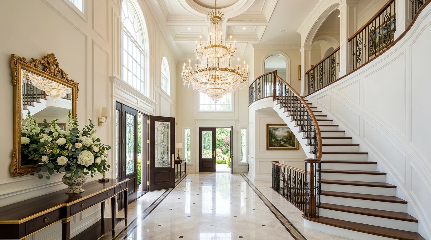 Grand foyer styled as a statement entrance with layered decor.