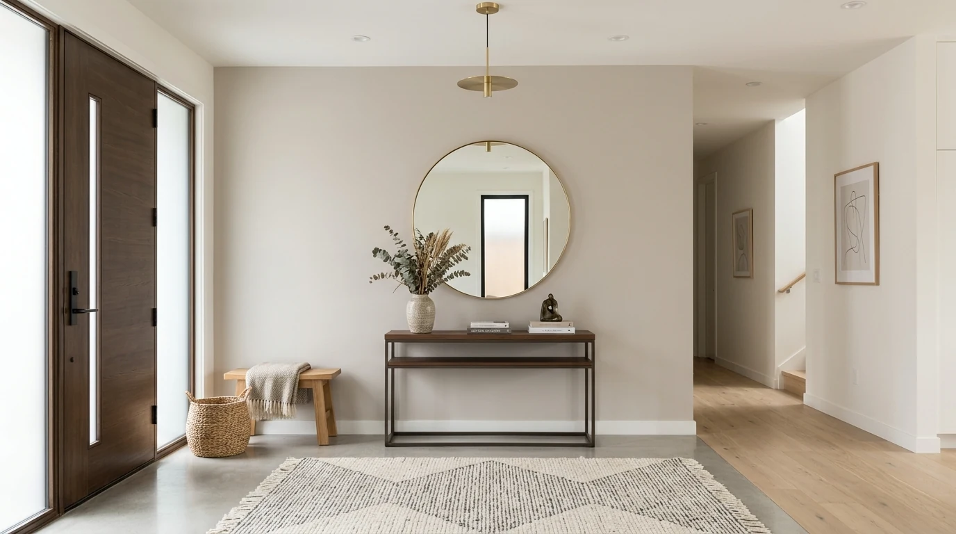 Statement entryway console styled with sculptural decor.