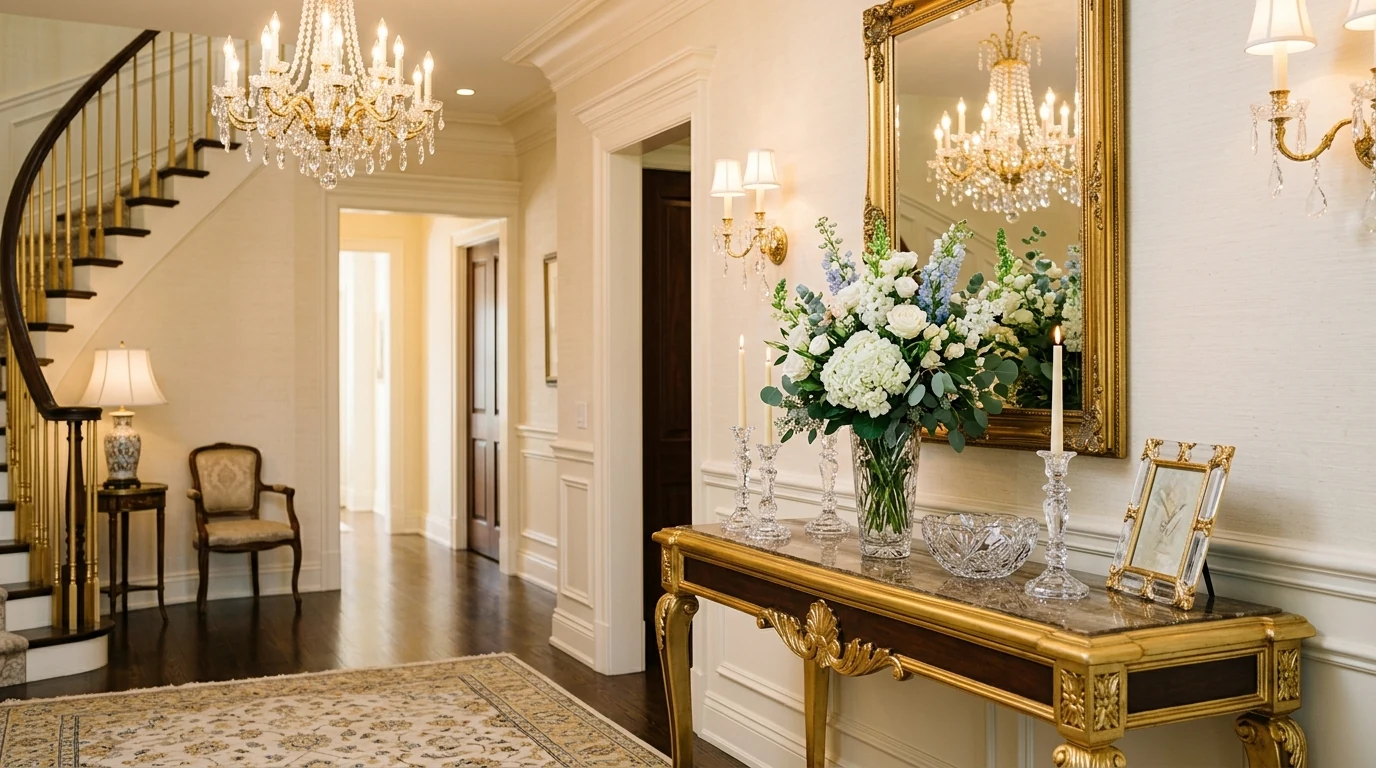 Grand foyer with bench seating and tailored cushions.